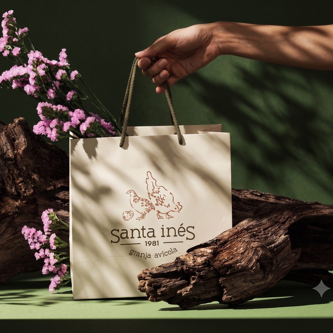 Bolsa de papel con el imagotipo de Santa Inés, entre troncos y flores
